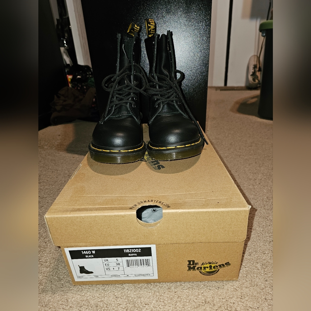 Dr. Martens 1460 Womens Black Leather Boots with Yellow Stitching